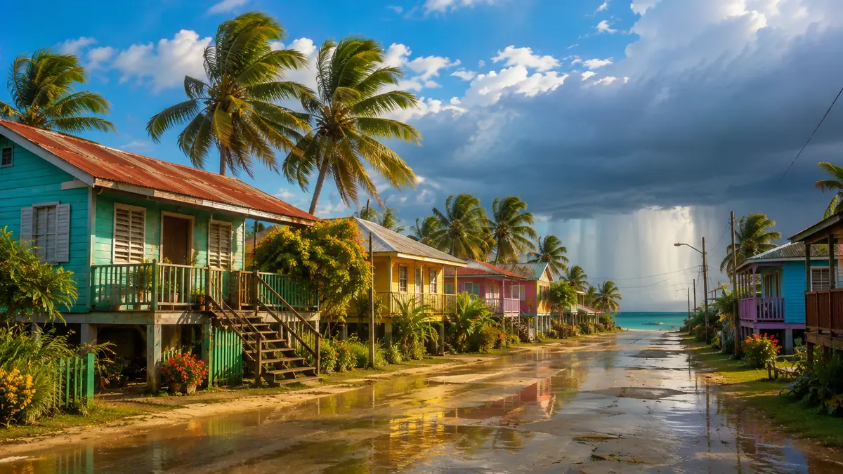 A Belizean street of colourful wooden houses raised on stilts. Bright sunshine and blue sky overhead, while far out over the sea a grey curtain of rain is falling.
