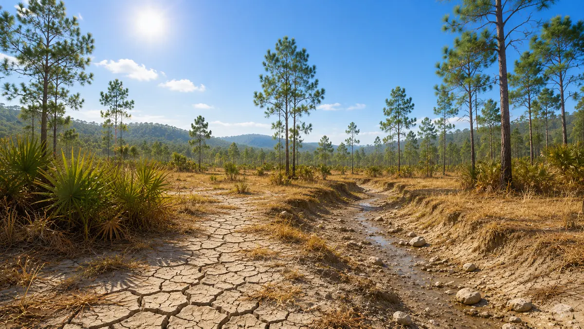 Belizean pine savanna at the end of a long dry season: pale clay soil broken into wide cracks, scorched straw-coloured grass and palmetto, tall Caribbean pines, and a creek shrunk to grey mud and stones under a hot sun.