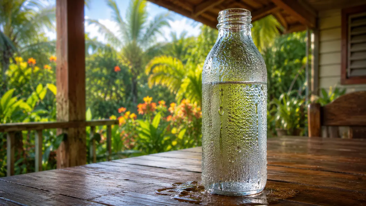 A very cold bottle of water on a wooden table, the outside of the glass covered in beads of water running down it, with a green tropical garden behind.