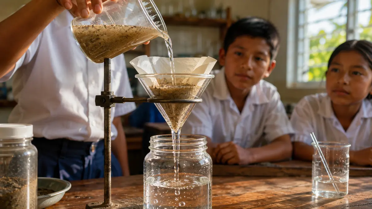 Cloudy sandy water being poured through filter paper in a funnel. The sand stays on the paper and clear water drips into a jar below, while two students watch.