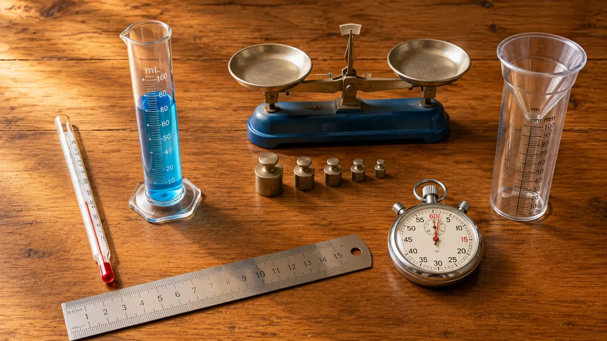 Measuring instruments laid out on a wooden table: a thermometer, a measuring cylinder of blue liquid, a ruler, a balance scale with weights, a stopwatch and a rain gauge.